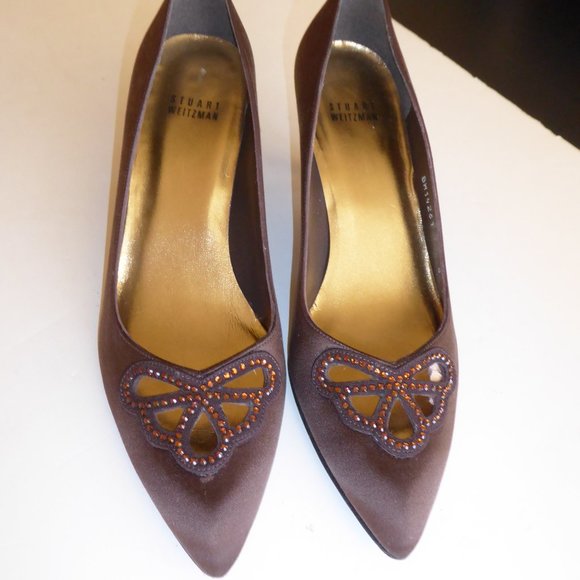 Stuart Weitzman Kitten Heel Brown Fabric Cut Out Beaded Design Pump US Size 8 - Picture 2 of 12